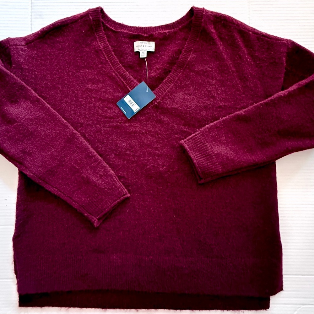 Lucky Brand NWT Deep Red V-Neck Sweater Retail $89.50